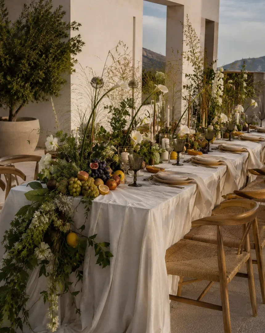 Custom wedding table with flowers, fruit and candles